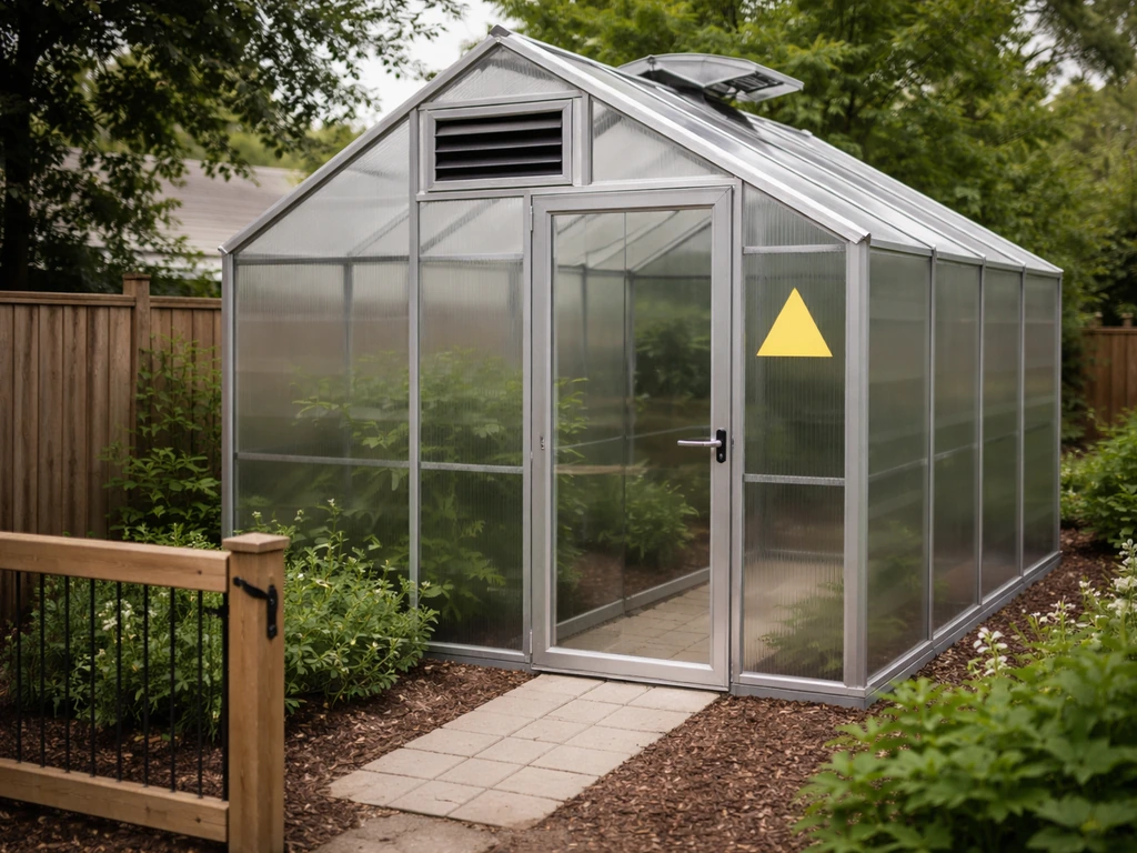 Minimal backyard greenhouse with polycarbonate panels, lockable door, and roof ventilation components.