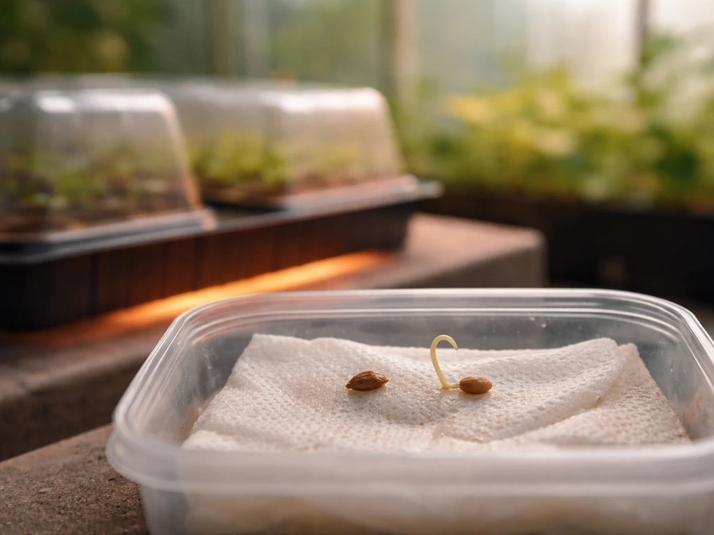 Close-up of paper towel germination setup with a tiny sprout beside a warm seedling tray in a greenhouse.