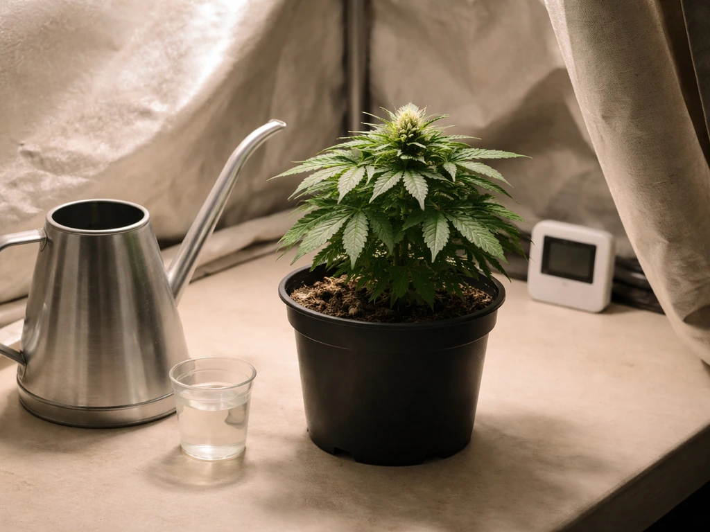 Potted flowering plants under a covered blackout setup with simple watering tools on a nearby table.