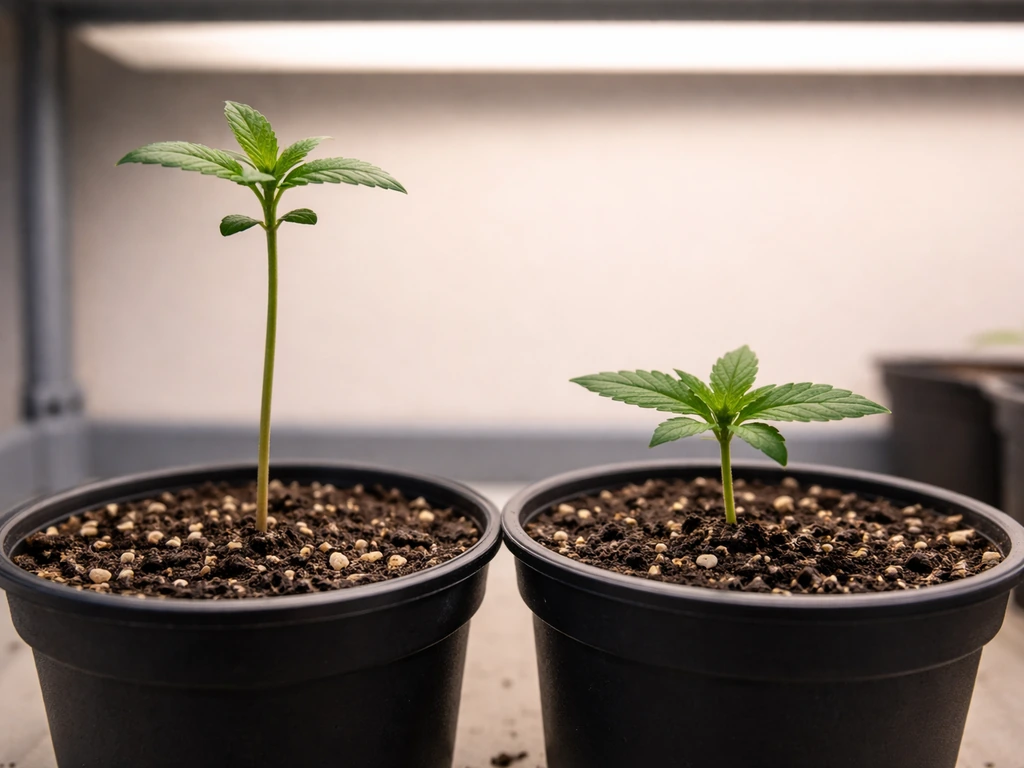 Two indoor seedlings show leggy vs compact growth under light, emphasizing stretch control.