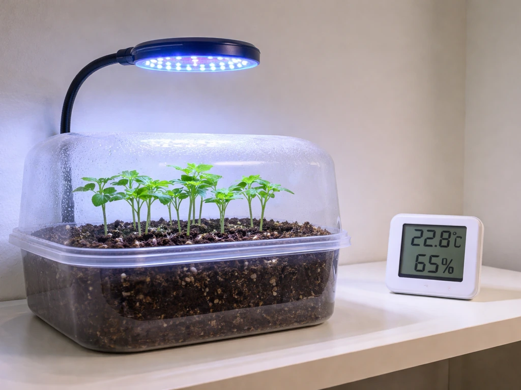 Grow lamp over seedlings in a small pot setup with a nearby thermometer/hygrometer