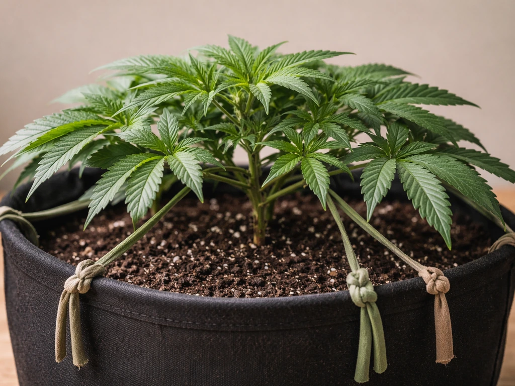 Close view of a small potted plant with branches bent outward and tied down for low-stress training