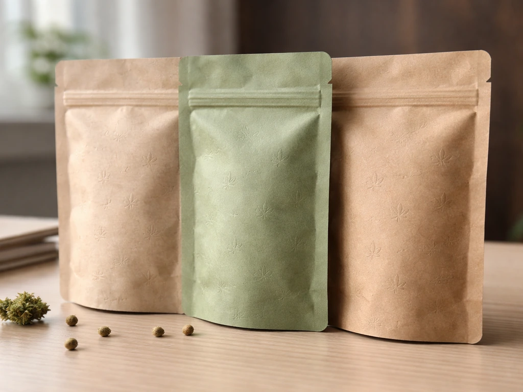 Minimal photo of three cannabis strain seed packets on a desk, symbolizing choosing genetics for potency