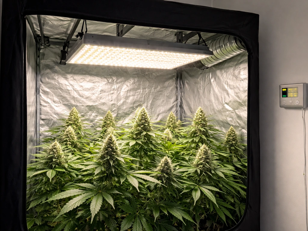 Indoor grow tent with an LED light over flowering plants and a small environmental control display.