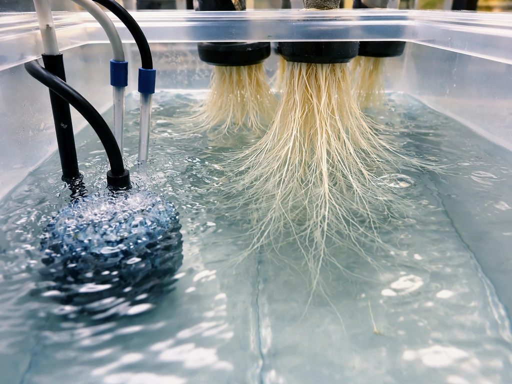 Close-up of a DWC hydroponic reservoir with bubbling air stone, visible tubing, and submerged roots.