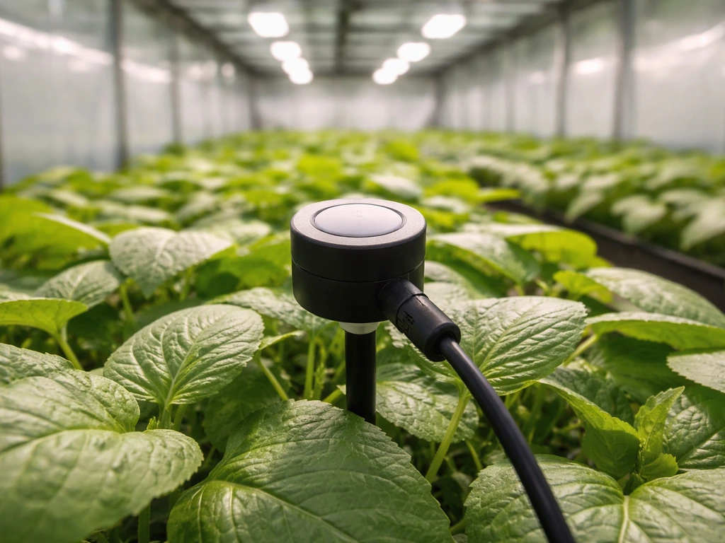 Grow light quantum sensor held at canopy level measuring PPFD over a greenhouse plant canopy.
