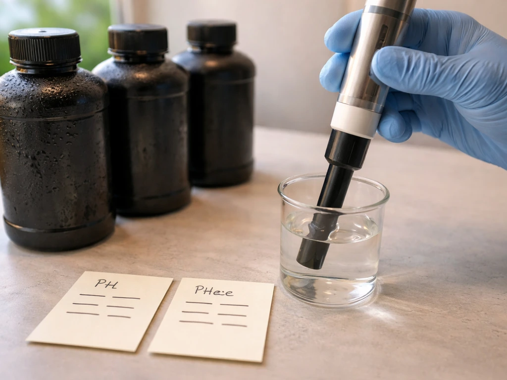Close-up of an EC/pH meter testing solution with nutrient bottles and blank target cards on a table.