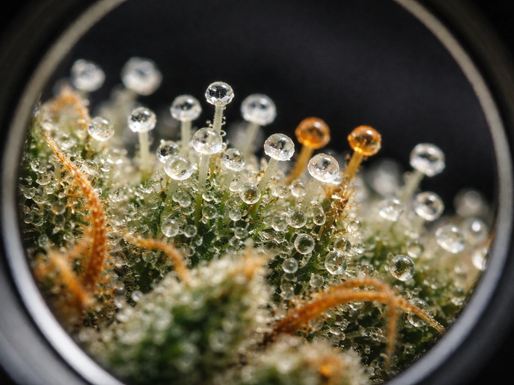 Close-up through a jeweler’s loupe showing cannabis trichomes with mixed clear, cloudy, and amber heads.