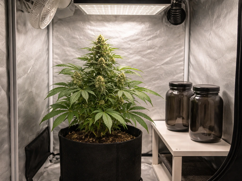Grow tent with a flowering cannabis plant and dark drying jars on a shelf, minimal and realistic.