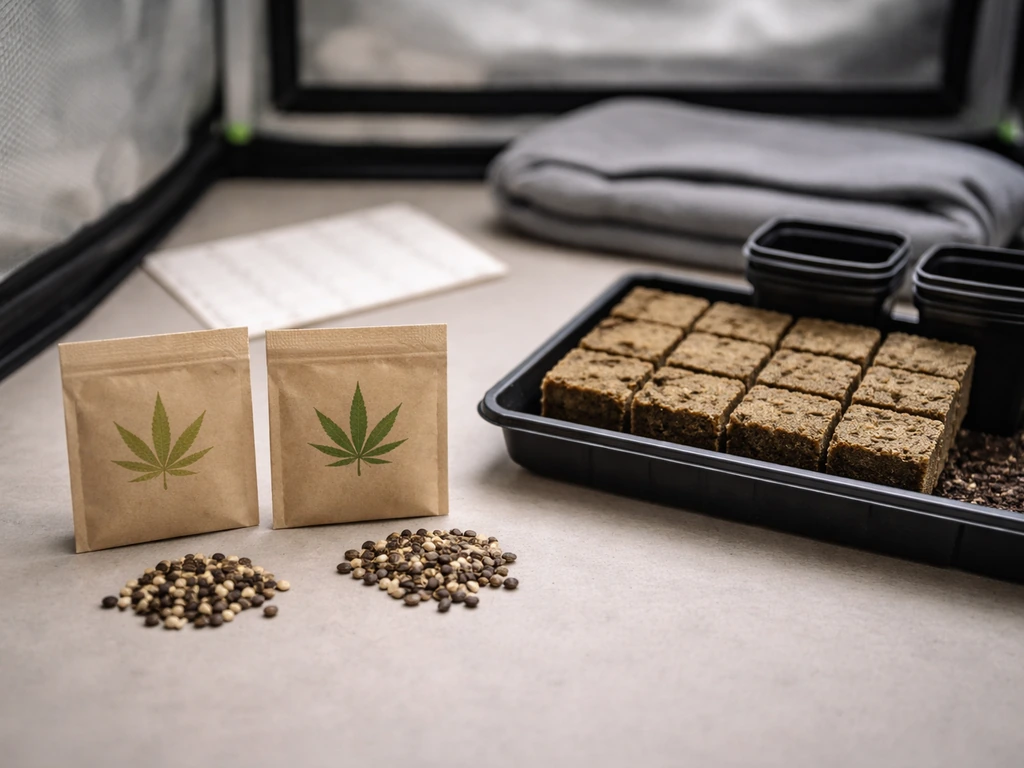 Close-up of grow tent setup with generic seeds, small pots, seed-start medium, and a blank calendar page.
