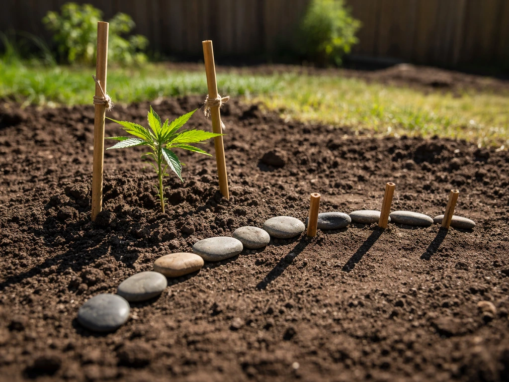 Sunny outdoor garden bed with a young cannabis seedling, stakes, and ground markers showing direct sun hours by shadows.