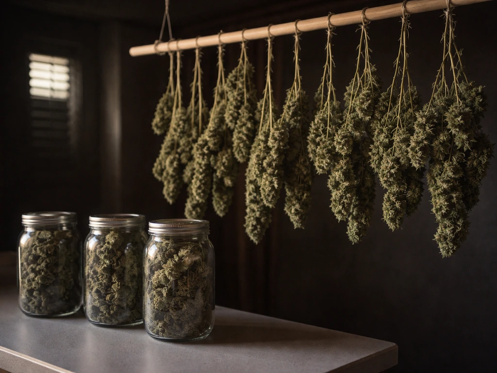 Trimmed cannabis branches hang upside down in a dark ventilated room; glass mason jars with buds sit nearby.