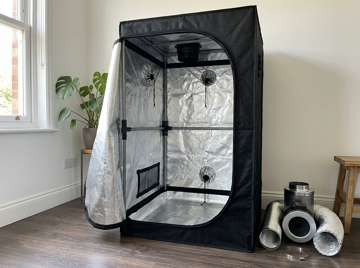 60x60cm grow tent setup with exhaust and intake ports planned for week 1