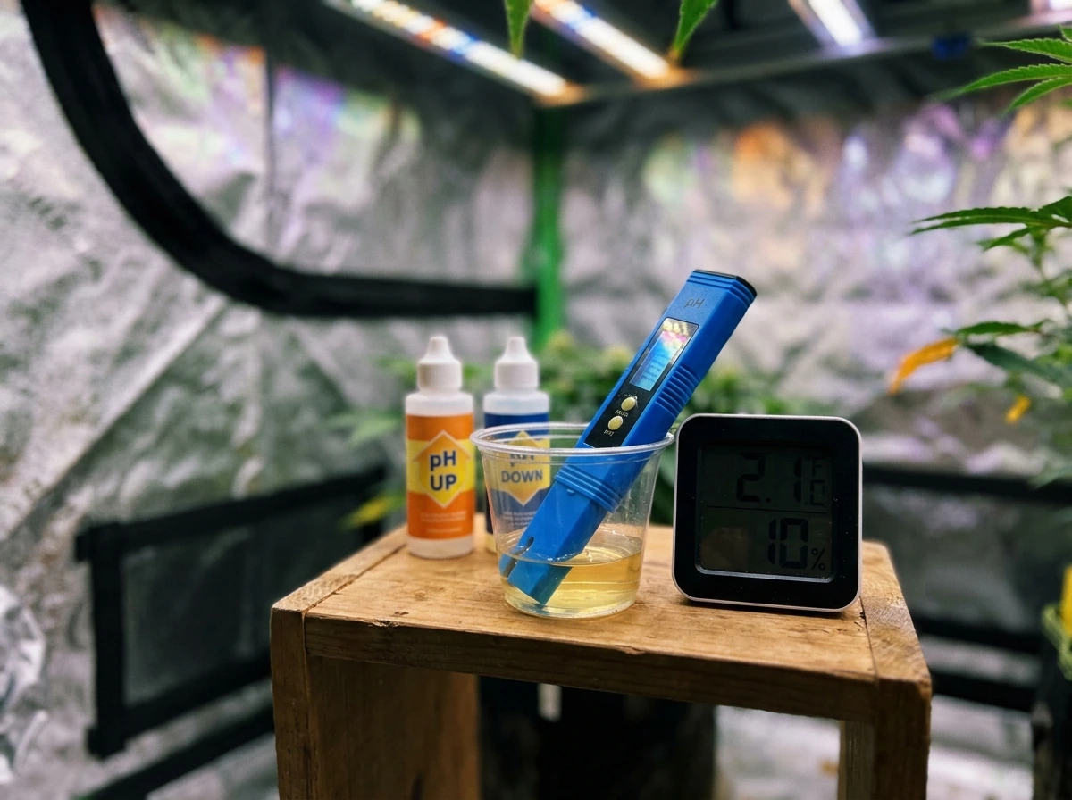 Digital pH meter and hygrometer on canopy height with probes and solution