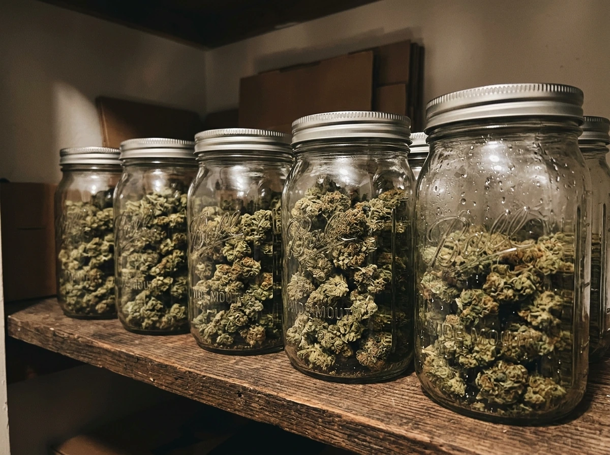 Curing jars with buds in a cool dark storage area