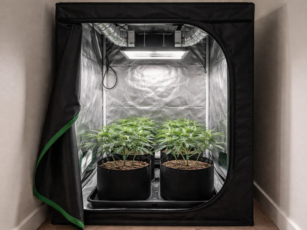 Compact indoor grow tent with LED light and small cannabis plants trained into a low, tidy canopy.