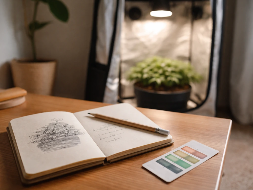 Small indoor grow setup with a hand-drawn-looking grow plan on paper, showing strain traits for staying short.