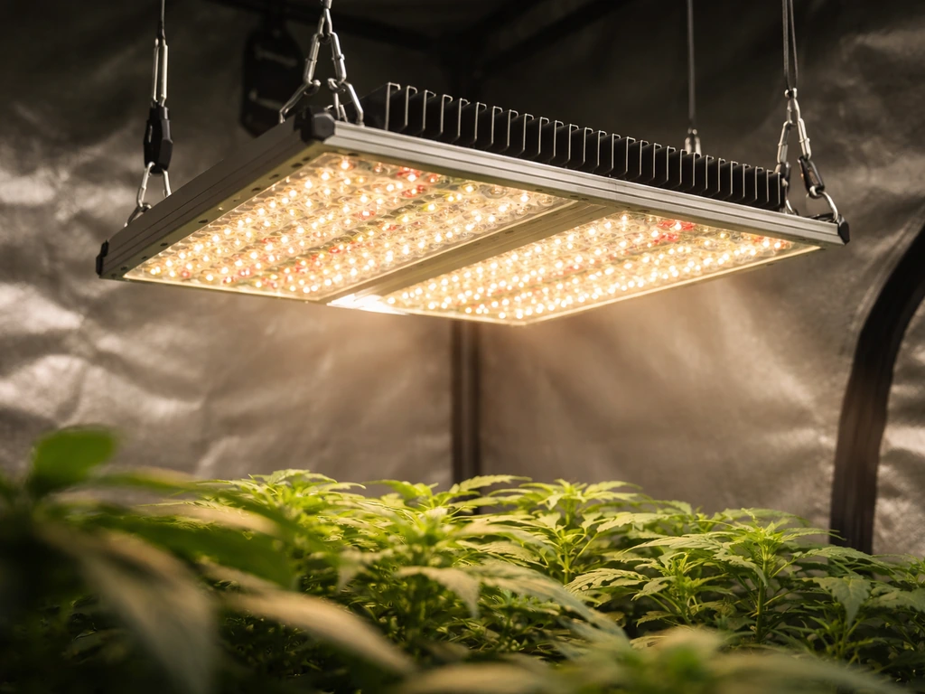 Close-up of a hanging LED grow light panel positioned over a small plant canopy in an indoor grow tent