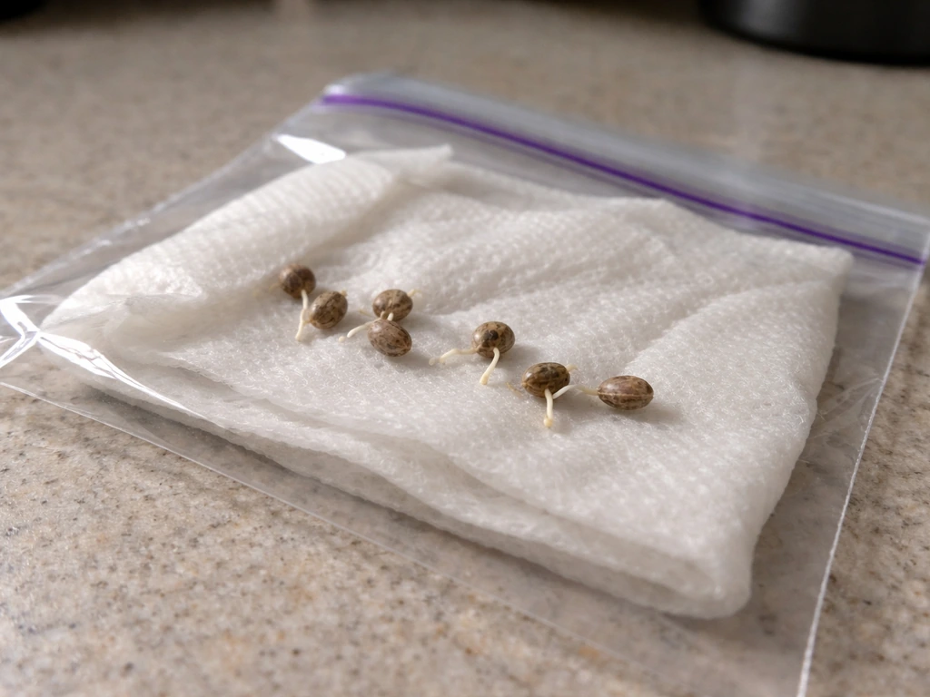 Zip bag with damp paper towels holding seeds, early taproots beginning to emerge.