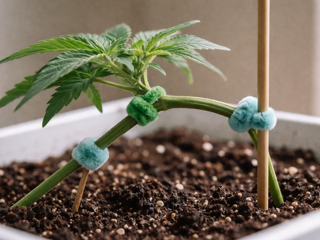 Compact seedling with main stem bent and tied horizontally using soft plant ties in a simple grow setup.