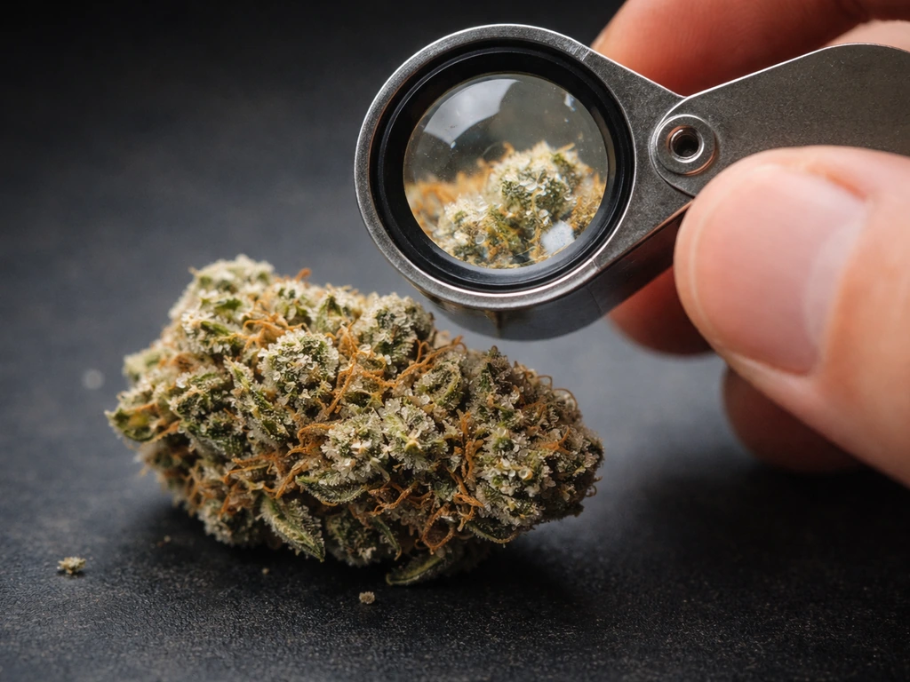 Close-up of cannabis bud surface as a jeweler’s loupe inspects trichomes in milky-clear stages