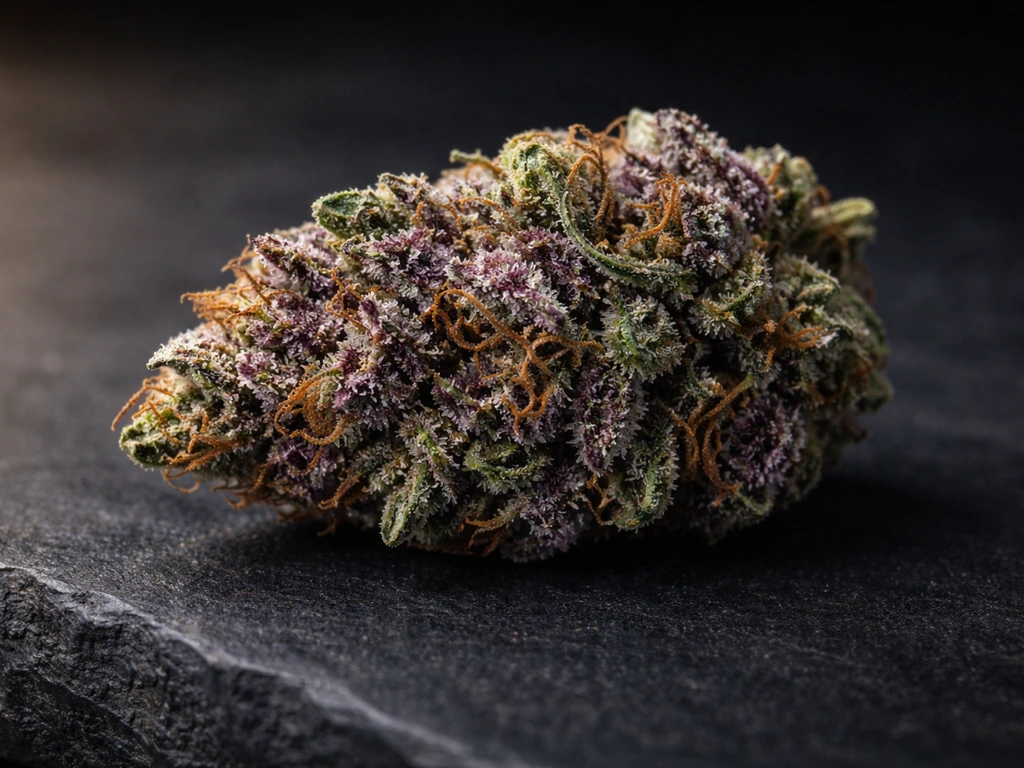 Macro photo of a lush cannabis bud with sparkling trichomes in deep green and purple tones.