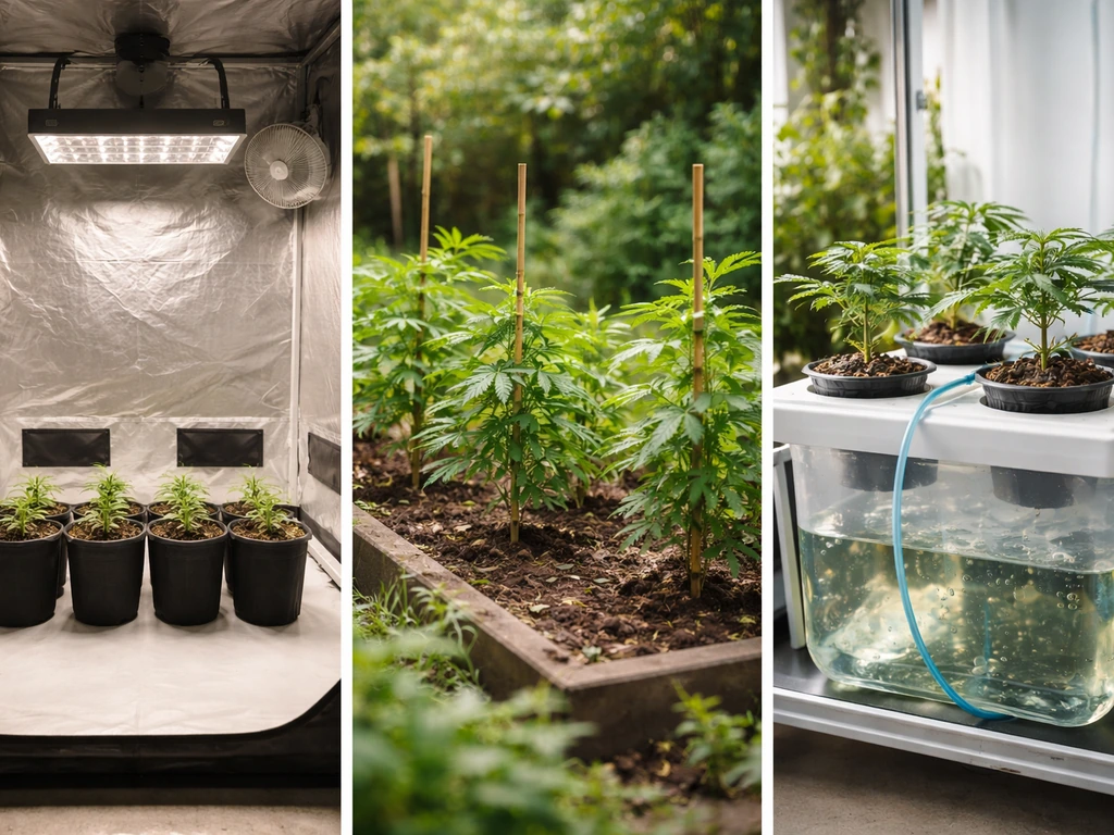Three grow setups side-by-side: indoor tent with LED, outdoor plants, and a hydroponic reservoir.