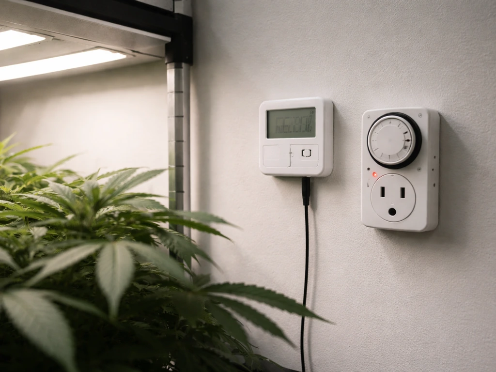 Indoor grow-room monitoring devices showing temperature and humidity next to a light schedule timer.