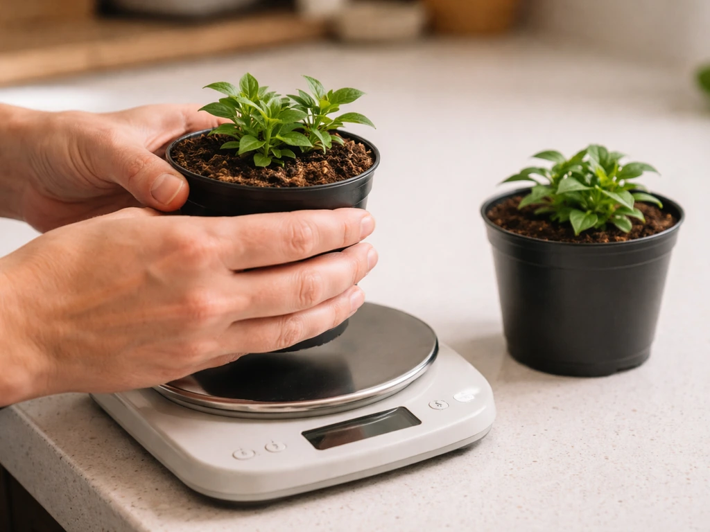 Close-up of hands lifting a small plant pot to show the pot-lift weight check for watering.