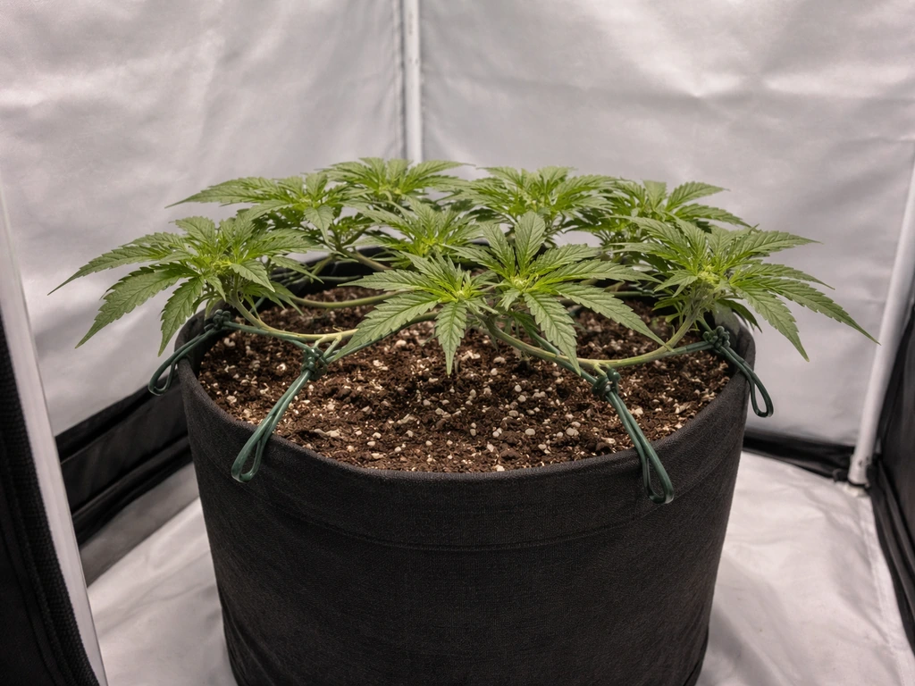 Potted plant with branches bent and tied down to form a low, even canopy.