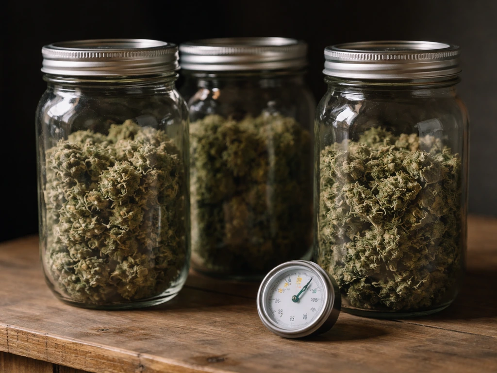 Wide-mouth mason jars with buds, loosely packed, on a wooden table with a small hygrometer nearby.