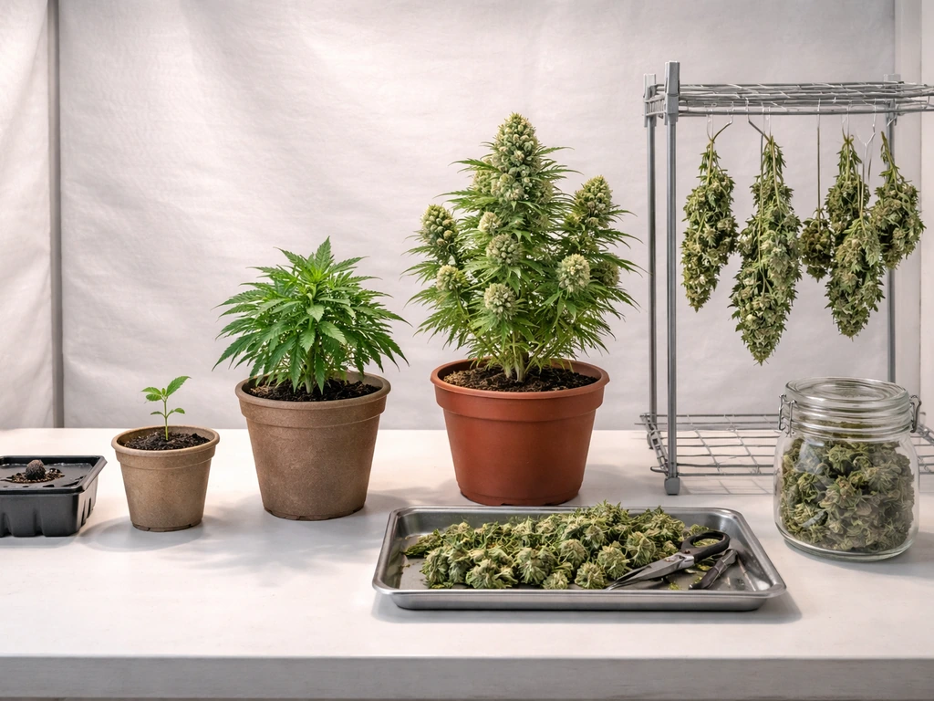 Seven-step cannabis grow journey shown from seed to curing on a clean worktable, no text.