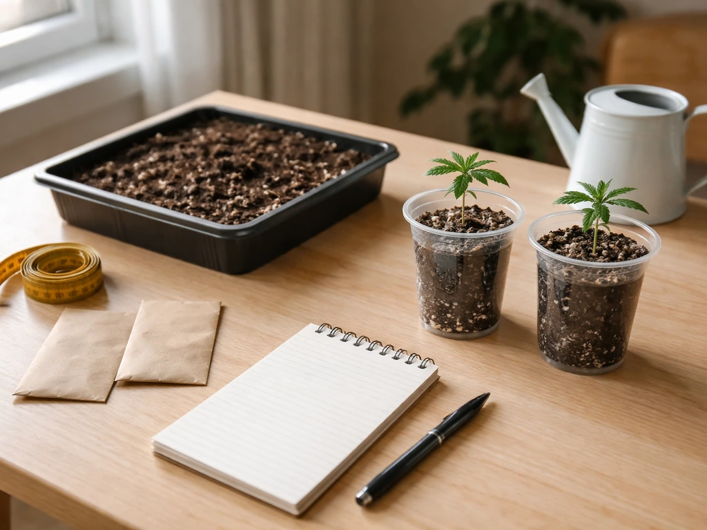 Two cannabis grow setups on a kitchen table: seed packets beside small potted seedlings, natural light.