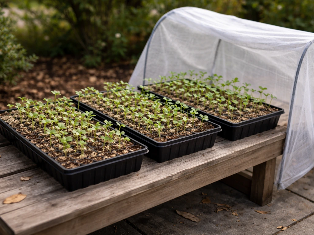 Seedlings in small trays outdoors, covered with simple shade cloth during hardening off.