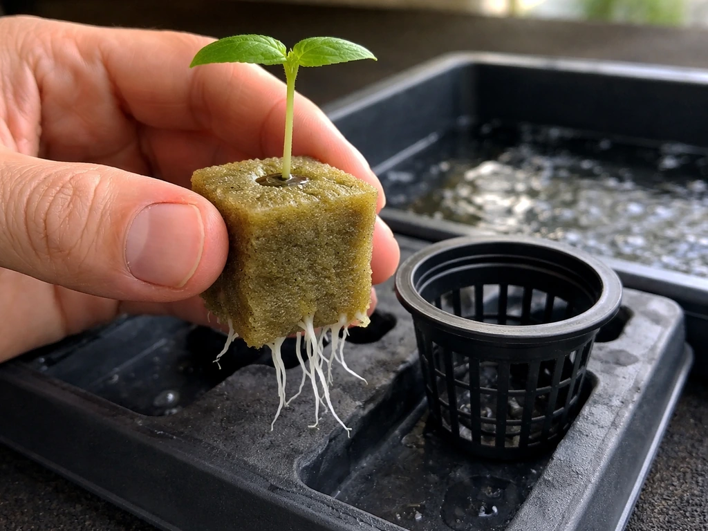 Seedling with visible early roots being moved from moist rockwool cube into a hydroponic net pot