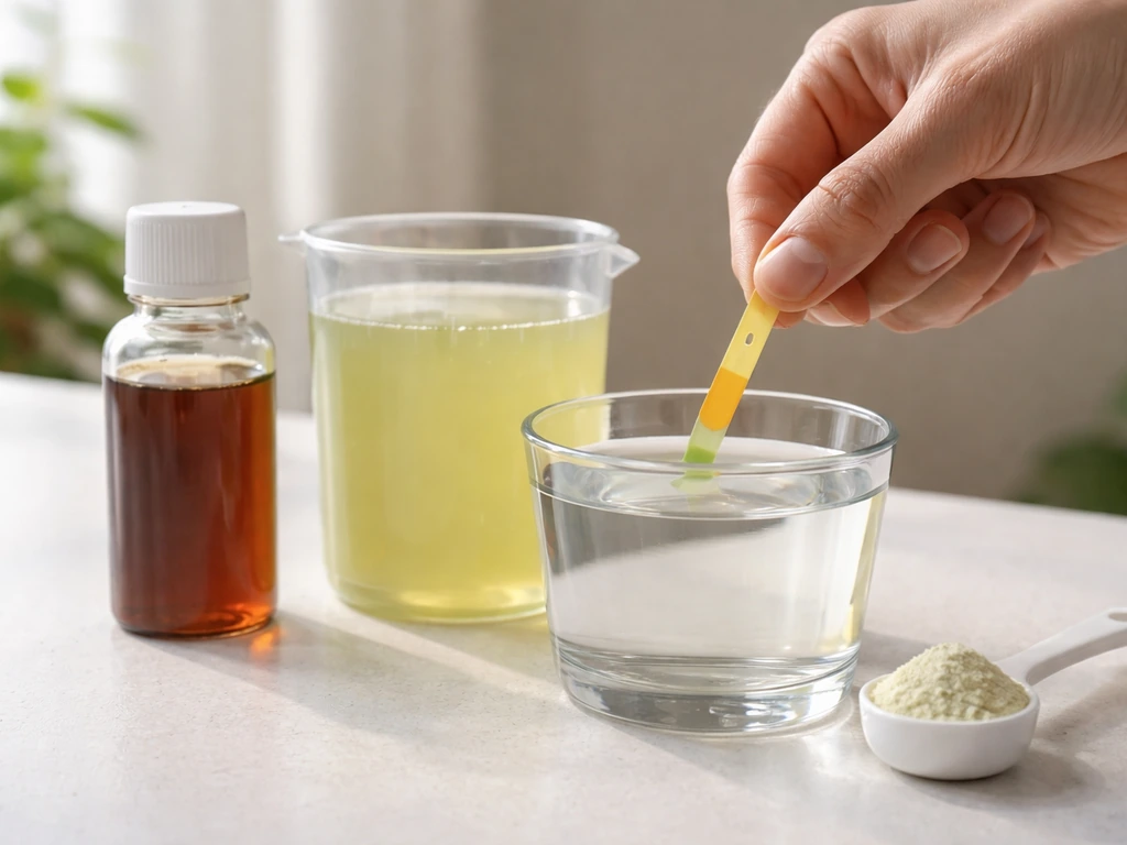 Hand testing water pH strip beside nutrient solution and a measuring scoop on a clean countertop.