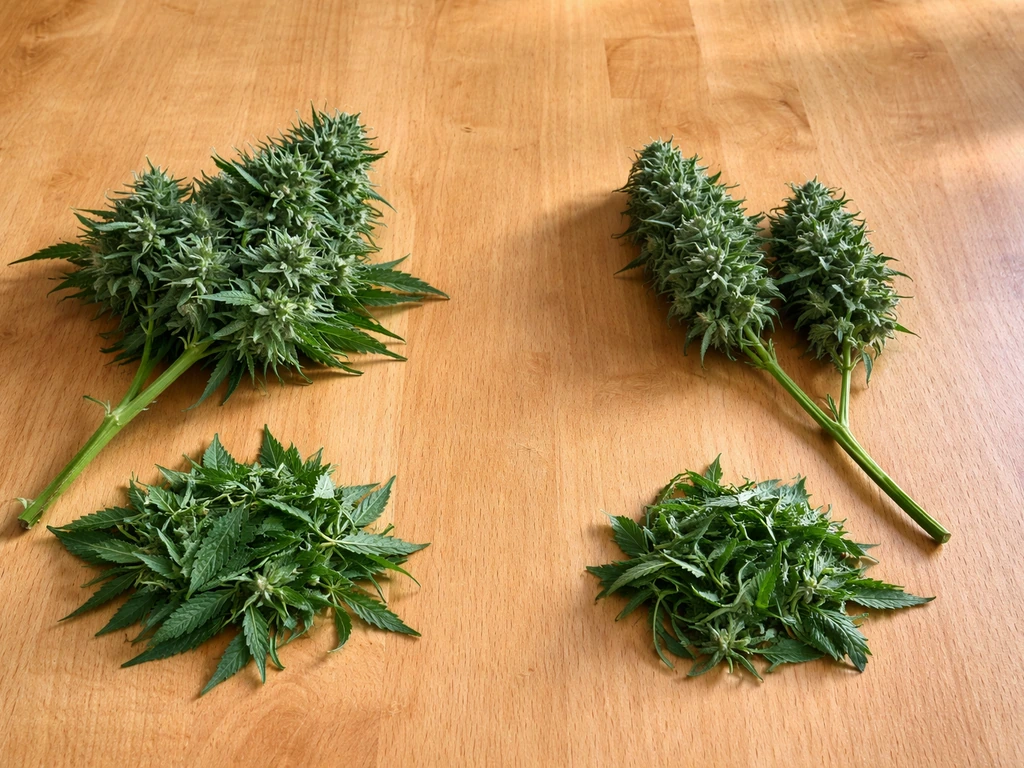 Wooden table with fresh branches showing wet-trim vs dry-trim leaves removed versus intact buds.