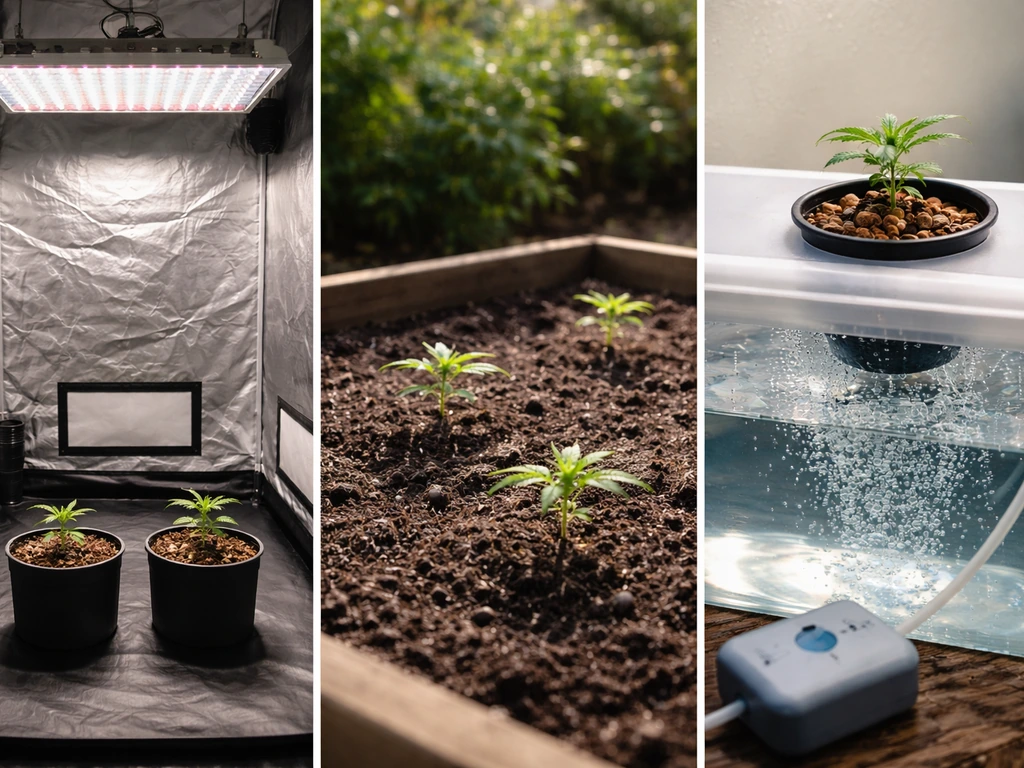 Three-panel split-screen showing an indoor LED grow tent, an outdoor garden bed, and a hydro DWC setup.