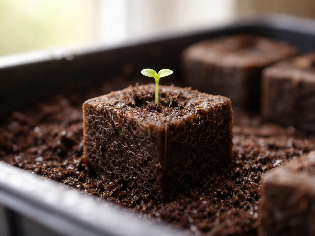 Close-up of a seedling being placed into a pre-moistened starter plug in a small tray under gentle light.