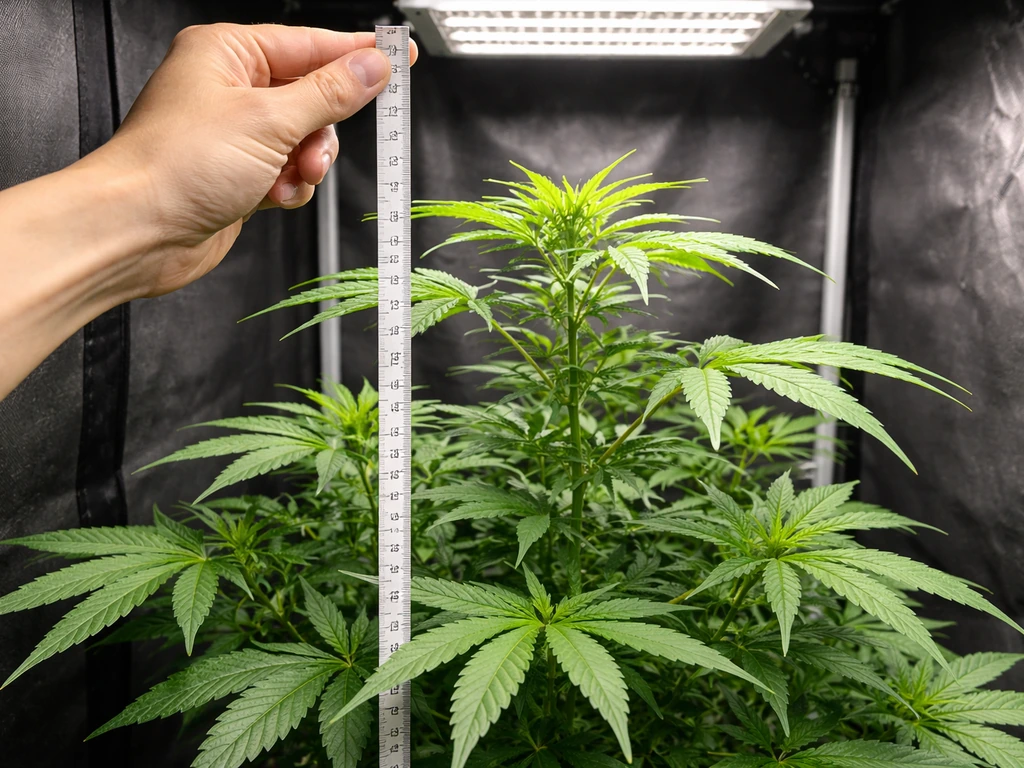 Healthy cannabis plant in a simple grow tent with a measuring tape checking distance from the canopy