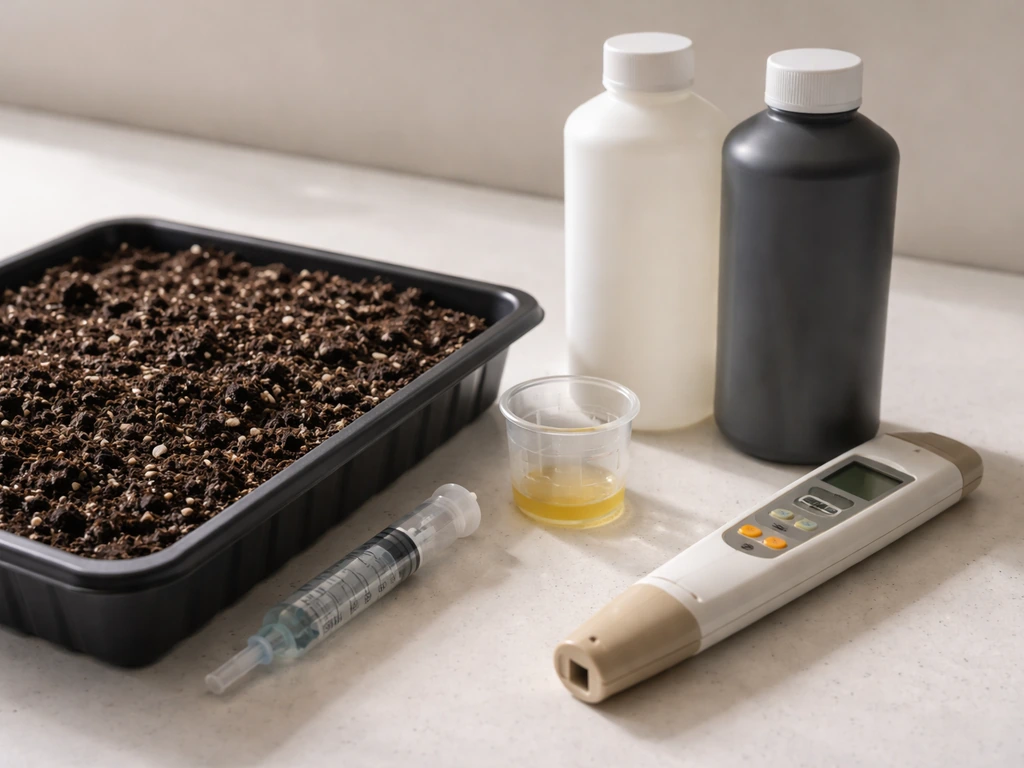 Close-up of cannabis feeding tools: nutrient bottles, measuring cup/syringe, and pH/EC meter beside soil.