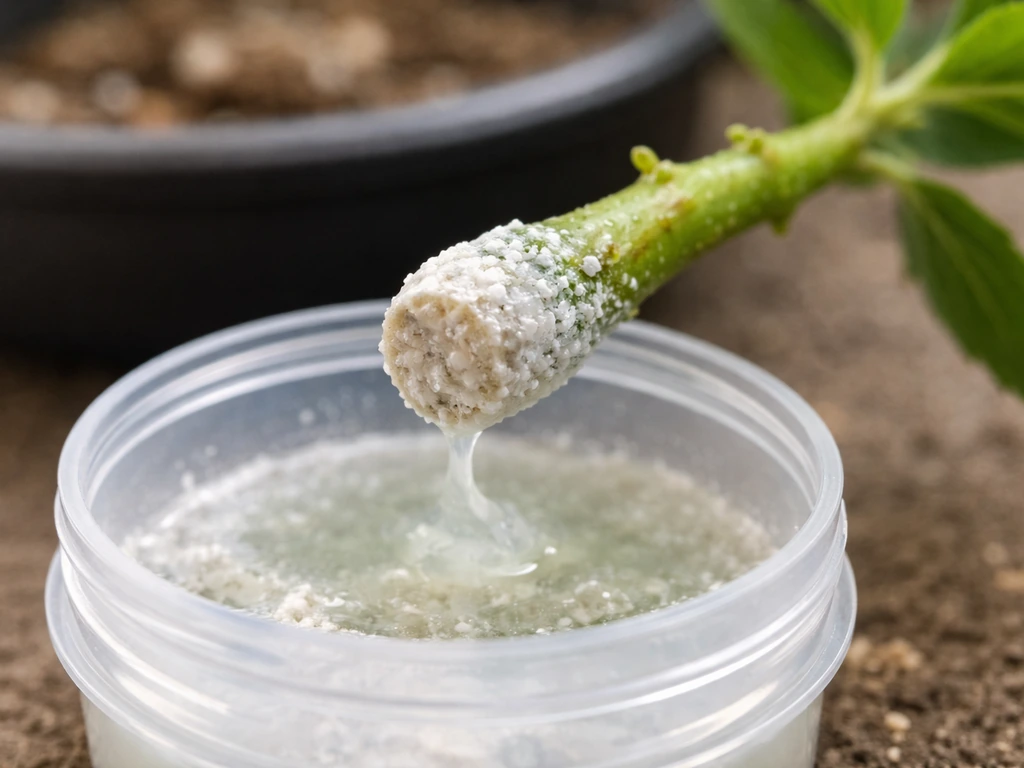 Close-up of plant stem cut ends dipped in rooting hormone gel/powder, showing a fresh coating on the lower end.