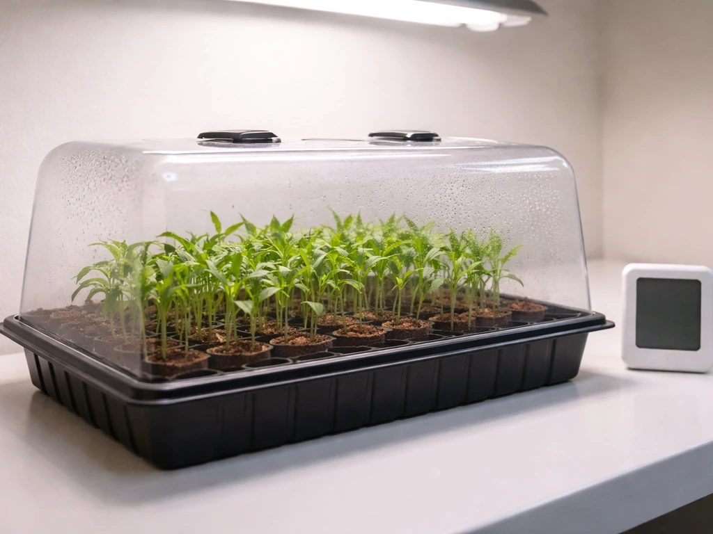 Clear dome cloning chamber with slight condensation, small sensor device, and gentle grow light over cuttings.