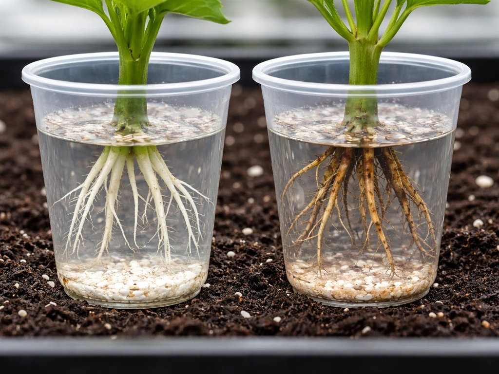 Close-up comparison of healthy white roots vs brown slimy roots on rooted plant cuttings.