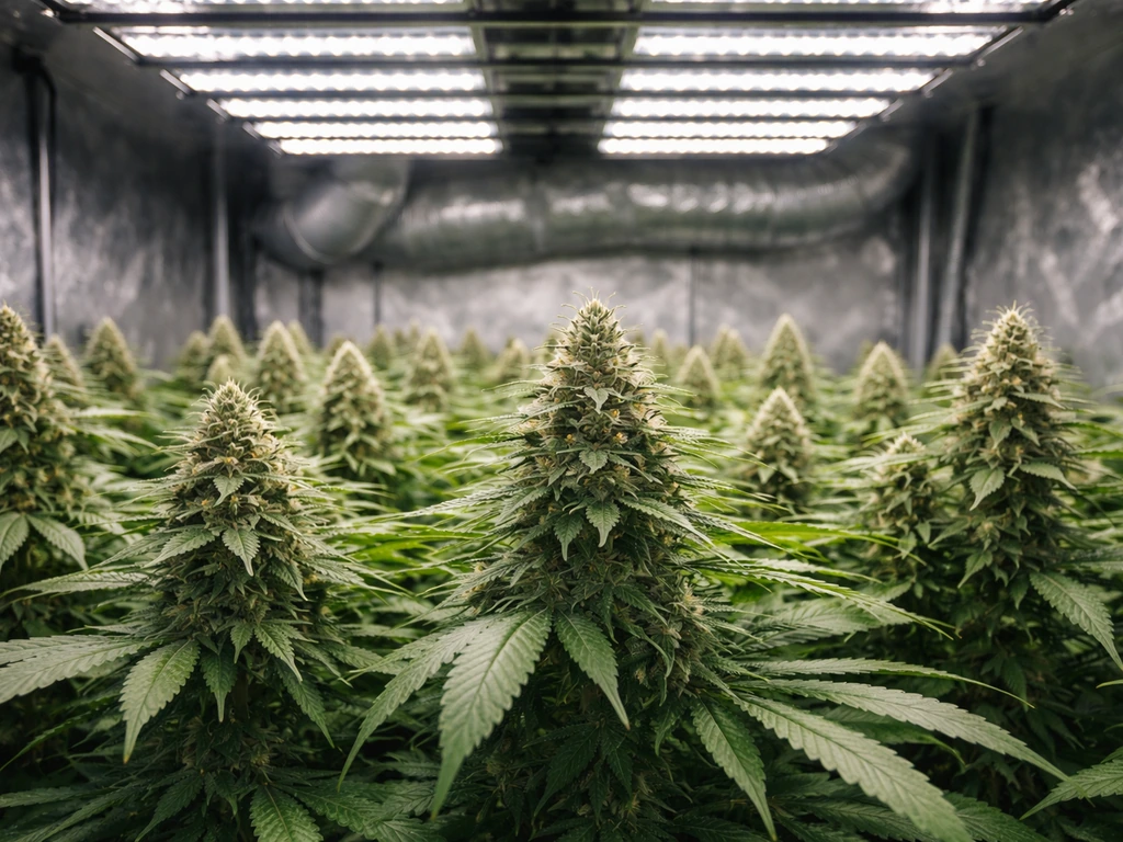 Minimal indoor grow room with LED lights and hanging cannabis colas in flower stage