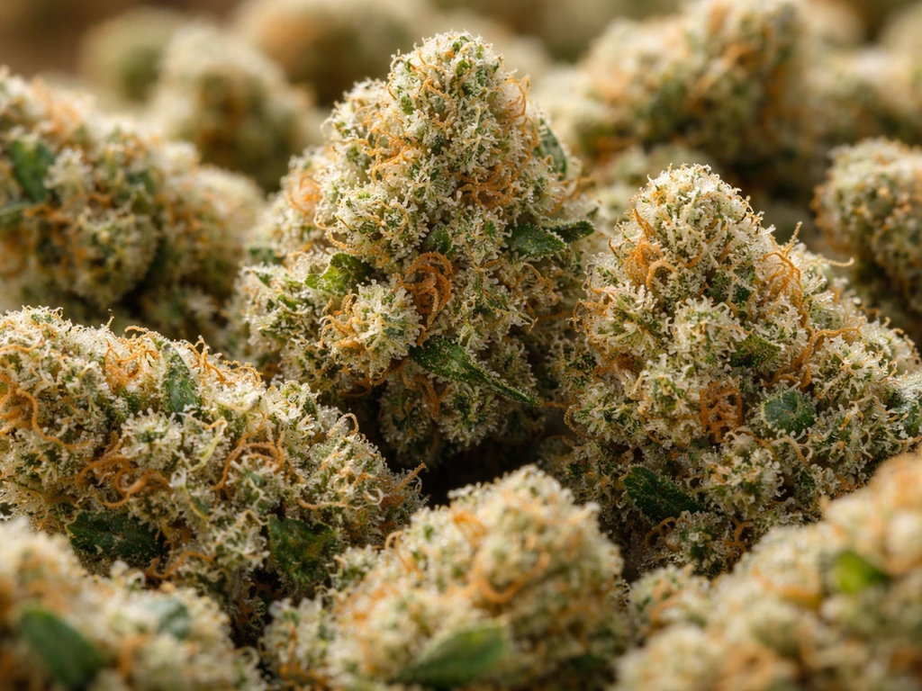 Close-up of dense cannabis buds with glistening trichomes and soft, varied terpene tones
