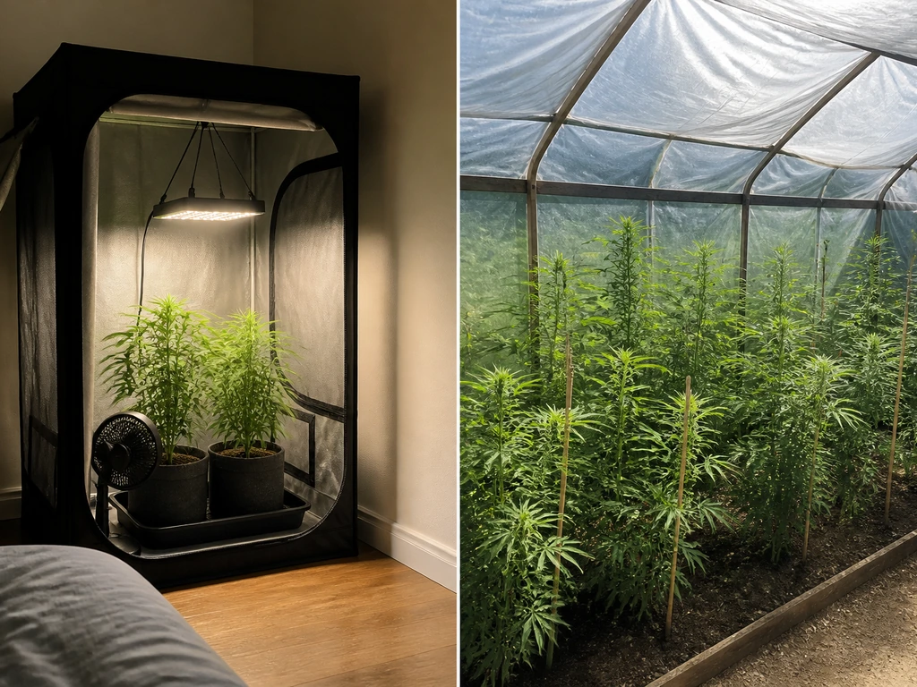 Left: indoor grow tent with LED lights and fan; right: greenhouse bed with plants in natural light.