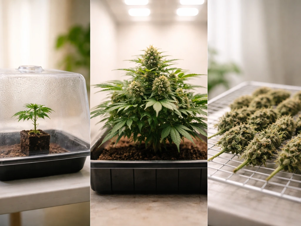 Minimal photo collage showing a plant from rooted clone/seedling to flowering canopy to harvested colas.