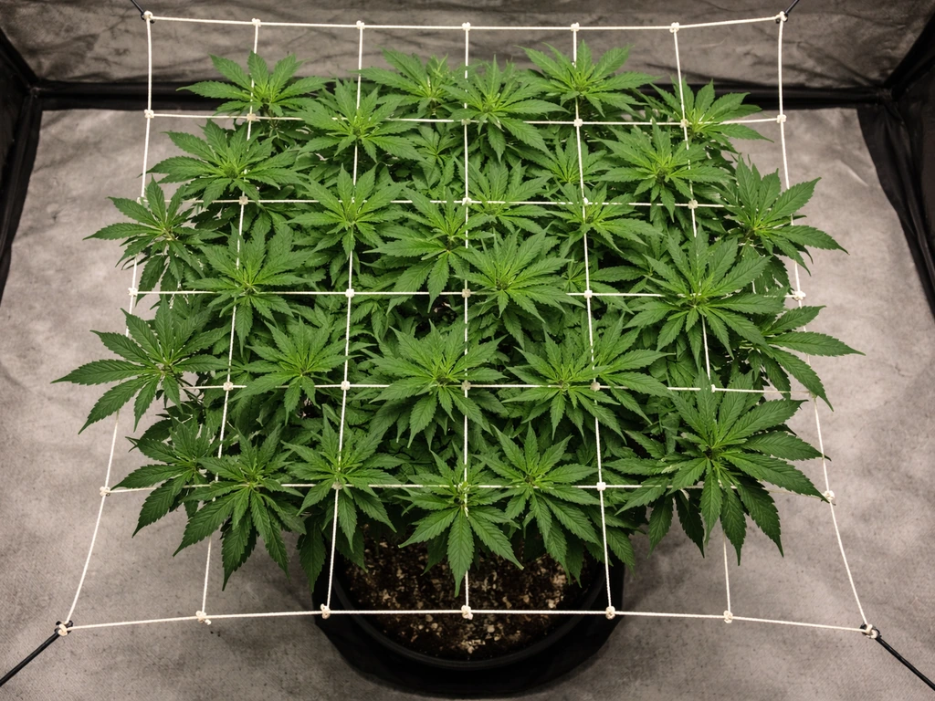 Overhead view of a trained plant under a simple canopy mesh with even spread of leaves