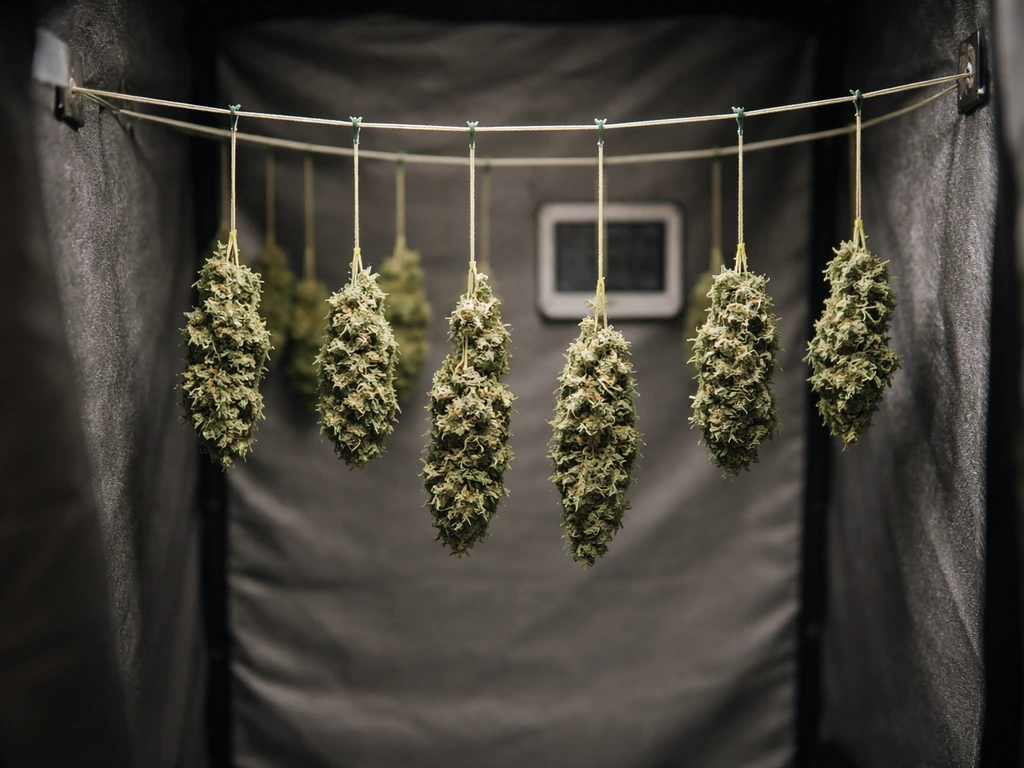 Trimmed cannabis buds hanging to dry in a dark, controlled room with a small hygrometer/thermometer nearby.